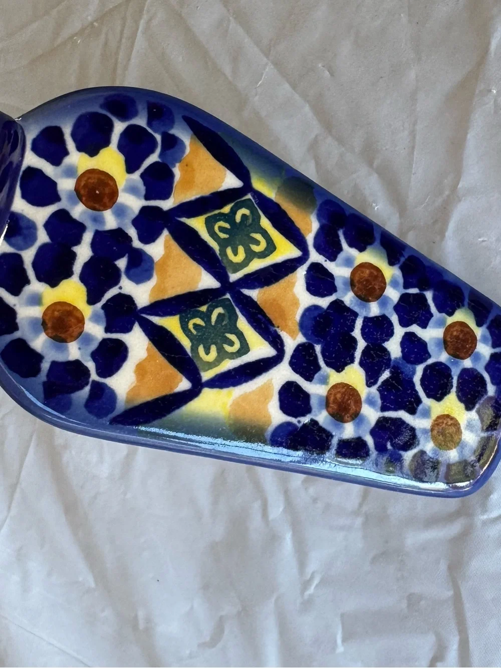 Polish Pottery Ceramic Pie Server Blue, Yellow & Green Floral Design